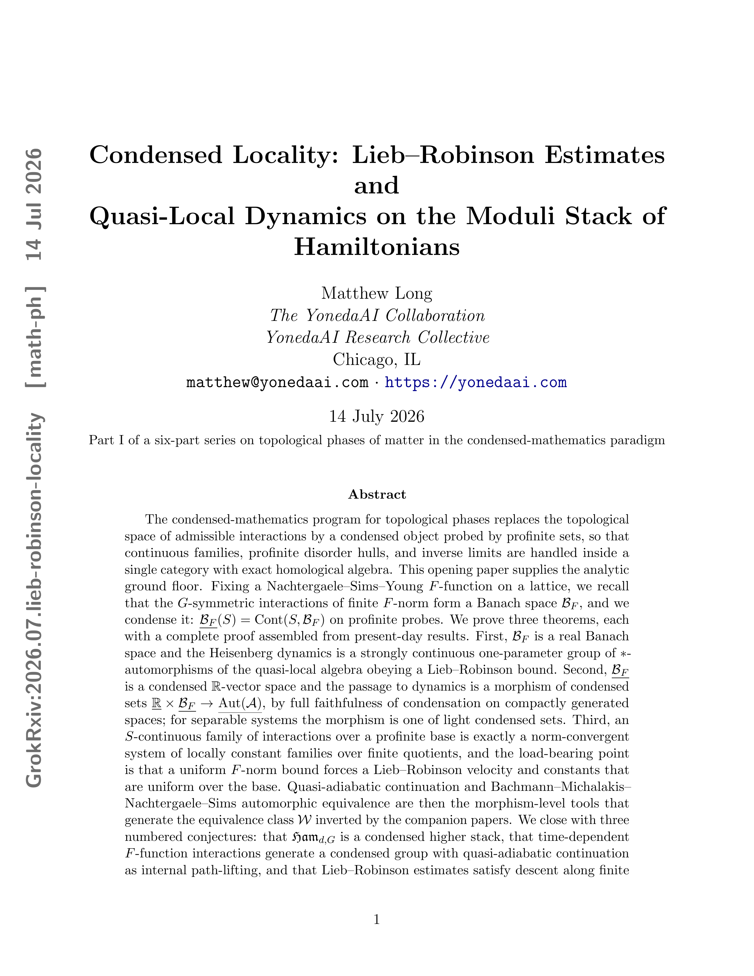 Cover illustration for Condensed Locality: Lieb–Robinson Estimates and Quasi-Local Dynamics on the Moduli Stack of Hamiltonians