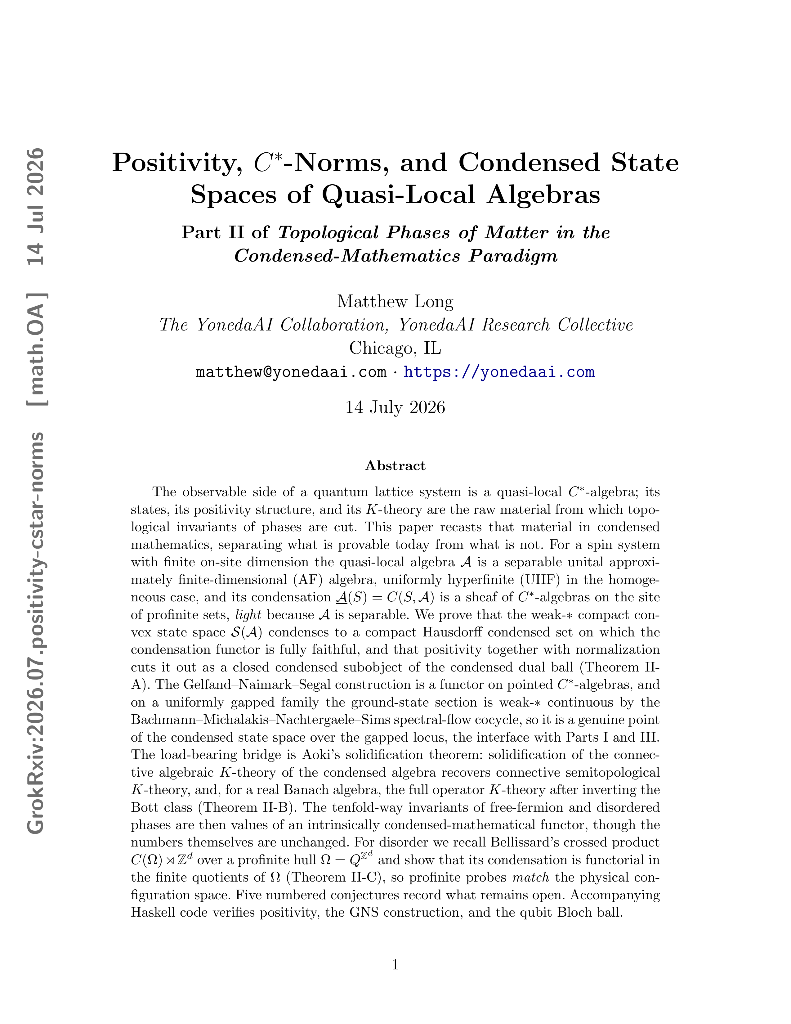 Cover illustration for Positivity, C*-Norms, and Condensed State Spaces of Quasi-Local Algebras
