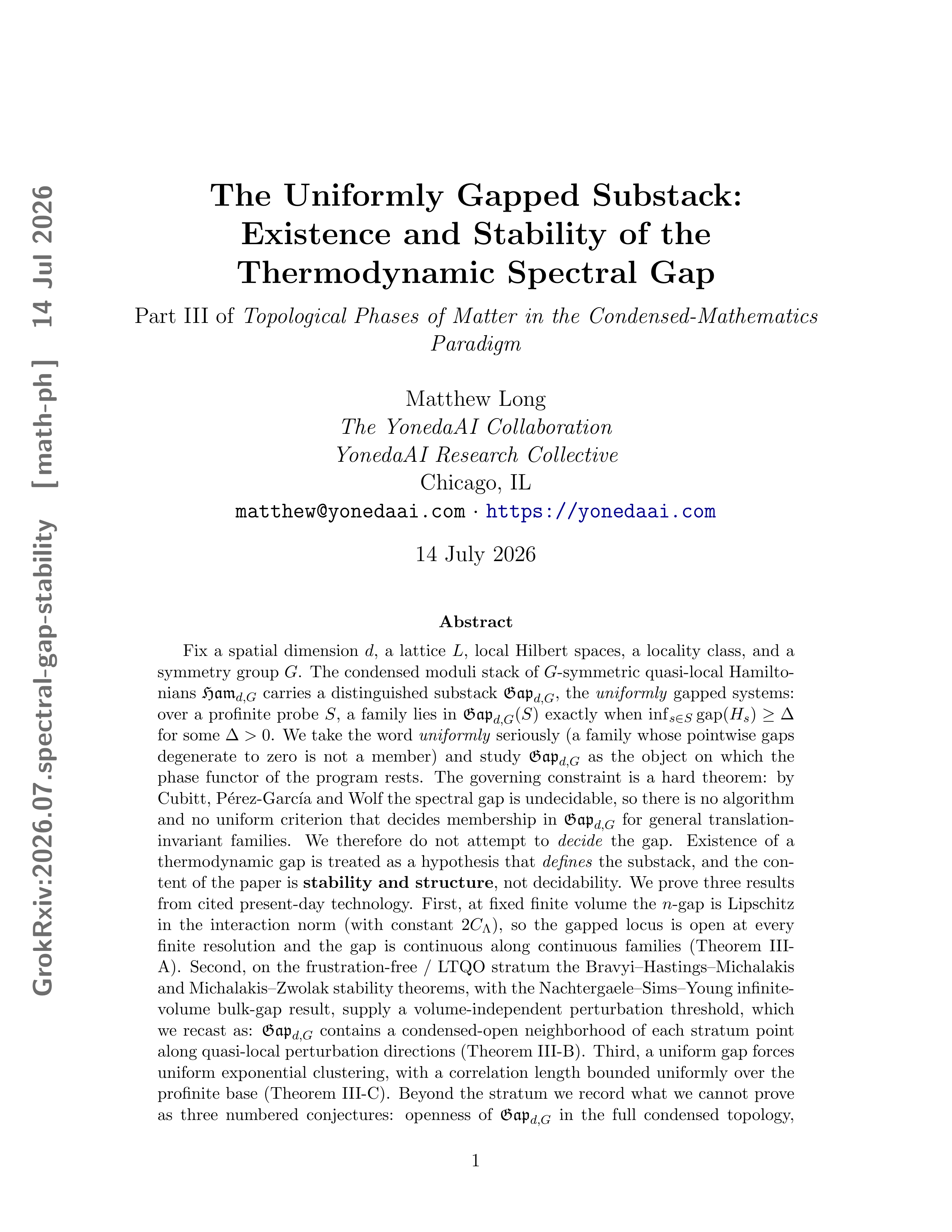 Cover illustration for The Uniformly Gapped Substack: Existence and Stability of the Thermodynamic Spectral Gap