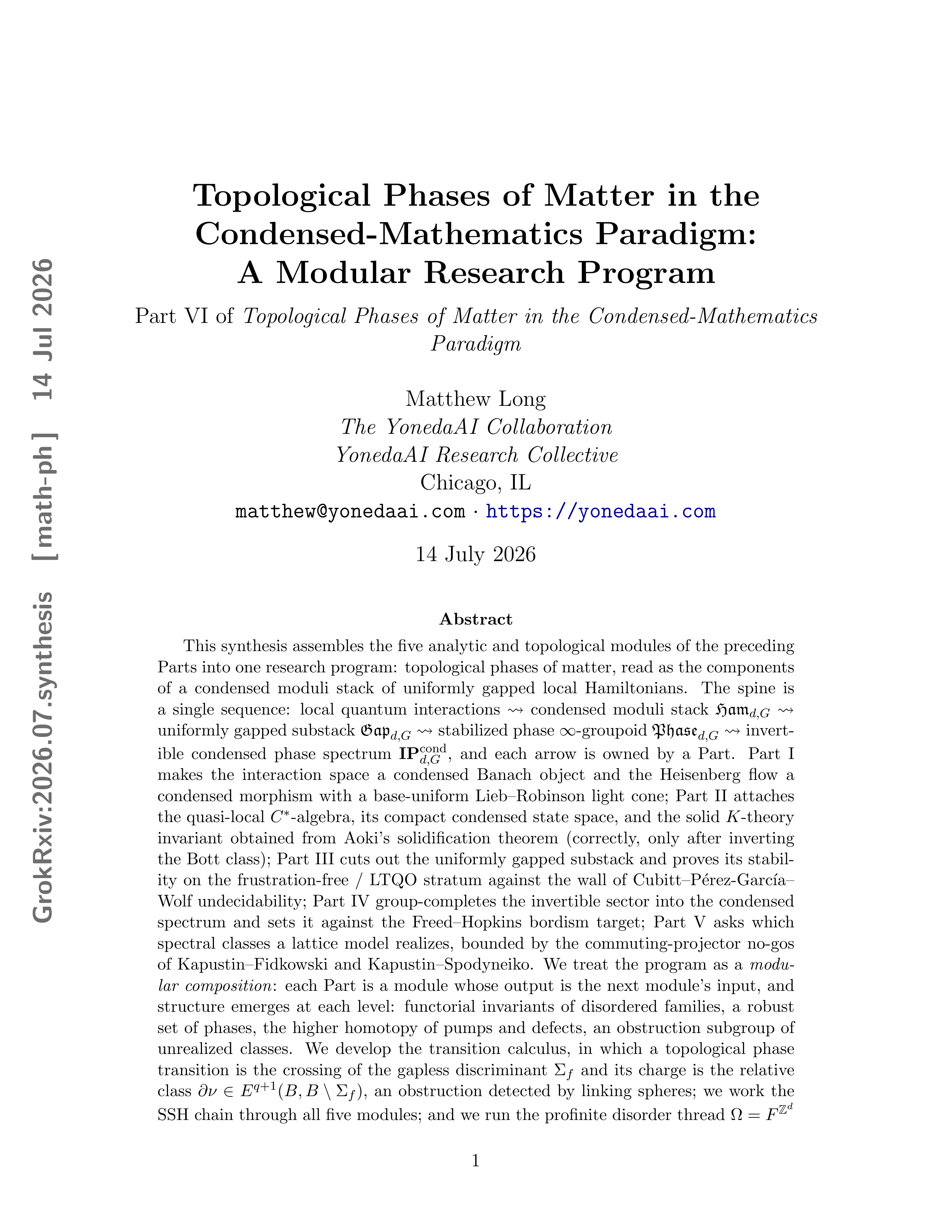 Cover illustration for Topological Phases of Matter in the Condensed-Mathematics Paradigm: A Modular Research Program